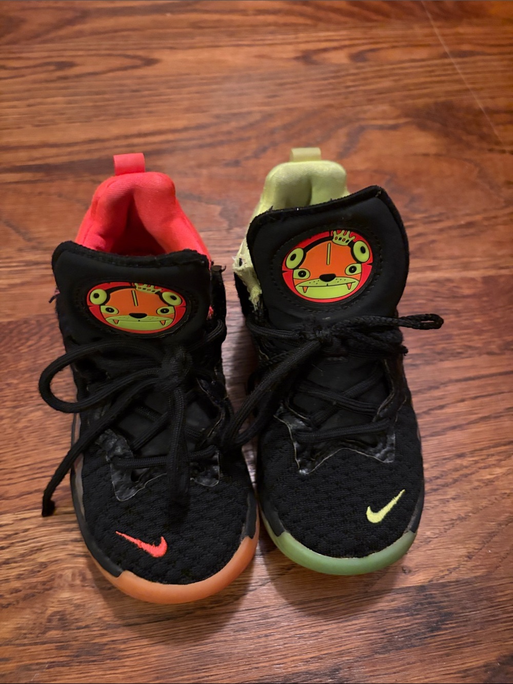Nike Kids Black Sneakers with Neon Green & Coral Accents